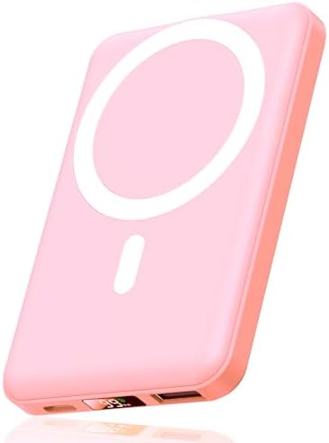 AOGUERBE Magnetic Wireless Portable Charger, 10000mAh Wireless Power Bank PD 22.5W Fast Charging with USB-C LED Display Mag-Safe Battery Pack Compatible for iPhone 15/14/13/12 Pro/Mini/Pro Max (Pink)
