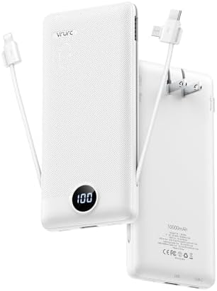VRURC Portable Charger 10000mAh, Slim Portable Charger with Wall Plug, 22.5W USB Port Fast Charging Power Bank with Cables, 4 Outputs 2 Inputs Travel Essentials Battery for Smartphones-White (1 Pack)