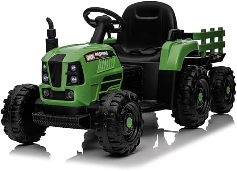 Ride on Tractor w/Trailer, 12v Battery-Powered Toy Tractor w/Remote Control and 3 Speed Adjustable, Electric Car for Kids w/Power Display, USB, LED Lights, Audio, Safety Belt, Army Green