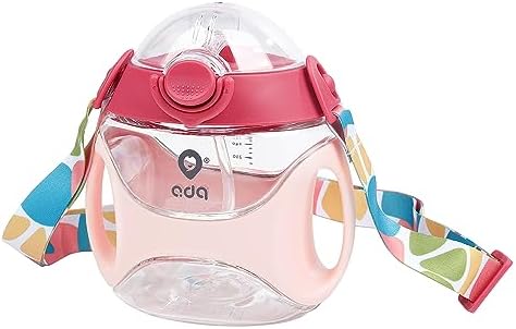 wooshwa Baby Straw Water Bottle with Handles and Strap, Portable Travel Toddler Cup for School,11 Ounce(Pink)