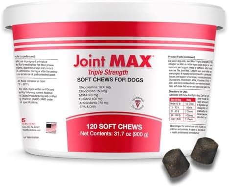 Joint Max TS Joint Supplement Vet Formulated Pain & Inflammation Relief Treats Hip Dysplasia & Arthritis, Glucosamine, Chondroitin, Turmeric, MSM, HA, Creatine, Omega 3 EPA + DHA.120 Soft Chews