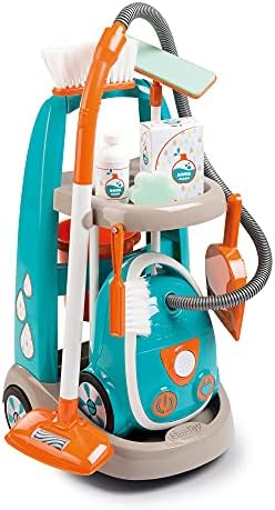 Smoby Cleaning Trolley - Toy Vacuum Cleaner with Realistic Lights & Suction Sounds - Toddler Broom, Mop, Brush, Dustpan, Bucket, Toy Empty Packaging, Kids Real Cleaner Pretend Play Set, Age 3+