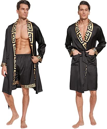 N&D Eyong Men's Luxurious Silk Feeling Bathrobes Long Sleeve Satin Kimono Robe with Shorts Sleepwear Set Printed Bathrobes