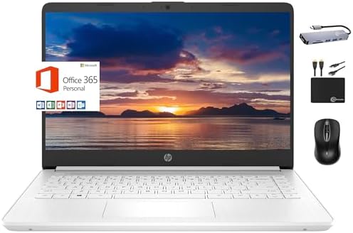 HP 2024 Premium 14" Micro-Edge Portable Laptop Student Business, Intel Quad-Core N4120, 4GB RAM, 128GB (64GB eMMC+ 64GB Card), Webcam, WiFi, Windows 11S + 1 Year Office 365, MarxsolAccessory White