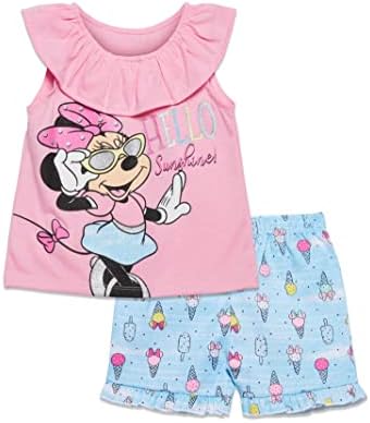 Disney Minnie Mouse Rainbow Floral July 4th T-Shirt and Twill Shorts Outfit Set Infant to Big Kid Sizes (12 Months - 14-16)