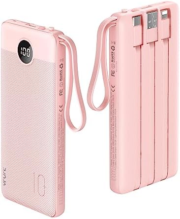 VRURC Portable Charger 10000mAh, Slim LED Display Power Bank, 5 Output 2 Input Cell Phone Battery Pack, Built-in Micro & USB C Cables Phone Charger Compatible with iPhone,Samsung,Android-Pink(1 Pack)