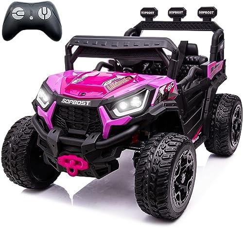 sopbost 24V 9AH Ride On Car for Kids Battery Powered Ride On Toys with Remote Control 4x4 Electric Vehicle 4 Wheeler UTV, EVA Tires Wheels, 5Mph High Speed, Purple Pink