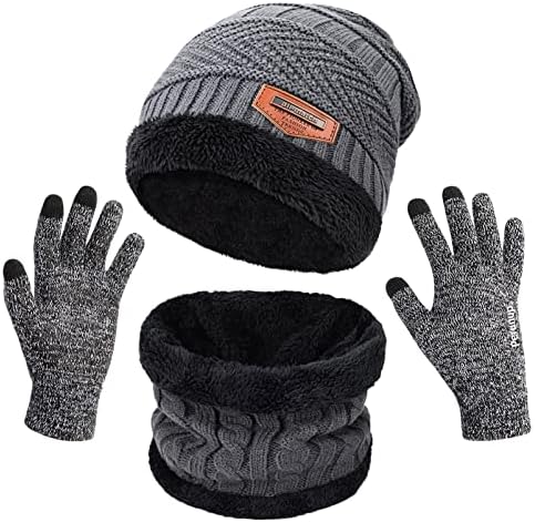 MAYLISACC Winter Knit Beanie Hat Neck Warmer Scarf and Touch Screen Gloves Set 3 Pcs Fleece Lined Skull Cap for Men Women