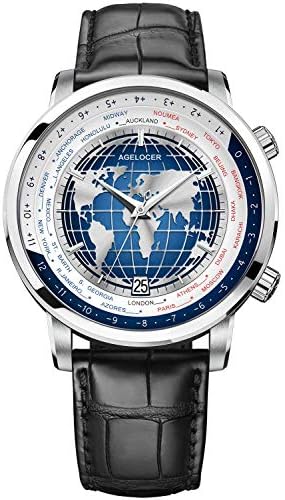 AGELOCER Men's Blue World Time Automatic Mechanical Calendar Fashion Luxury Stainless Steel Dress Watch Leather Band