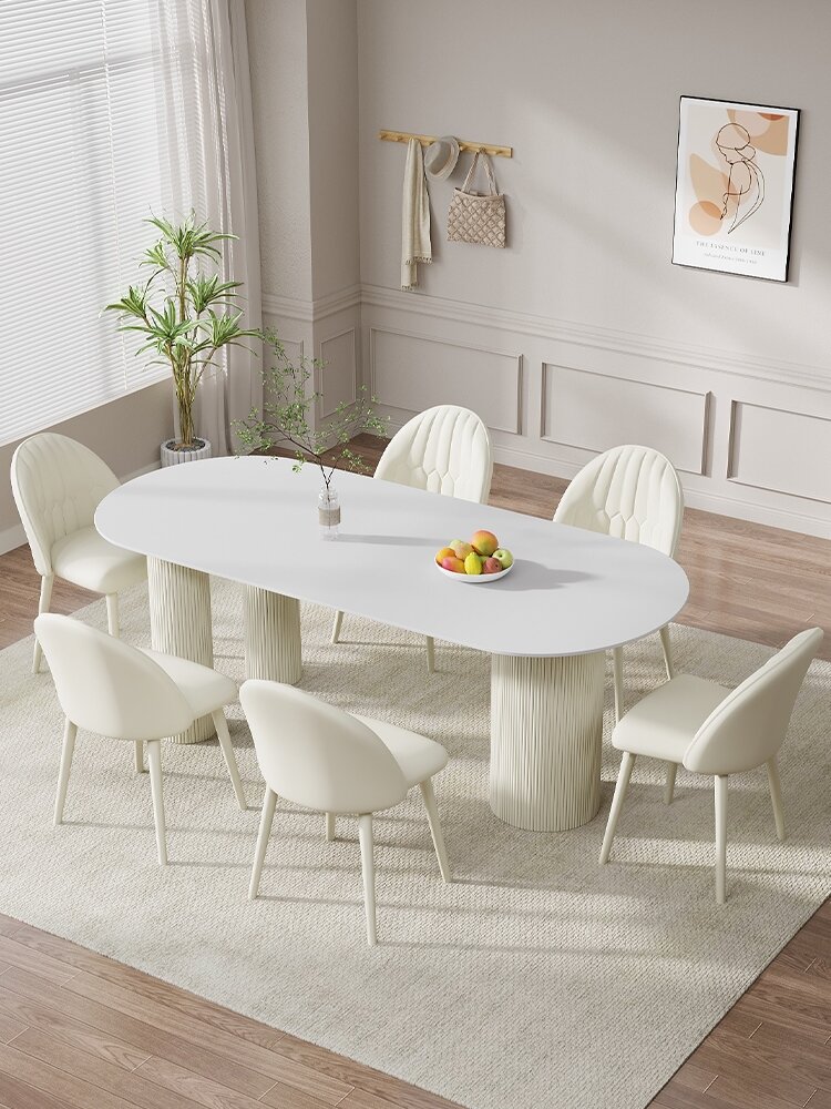 Cream Style High end French style Island Table Oval Pure White Rock Plate Dining Table Light Luxury Dining Table Home Simple