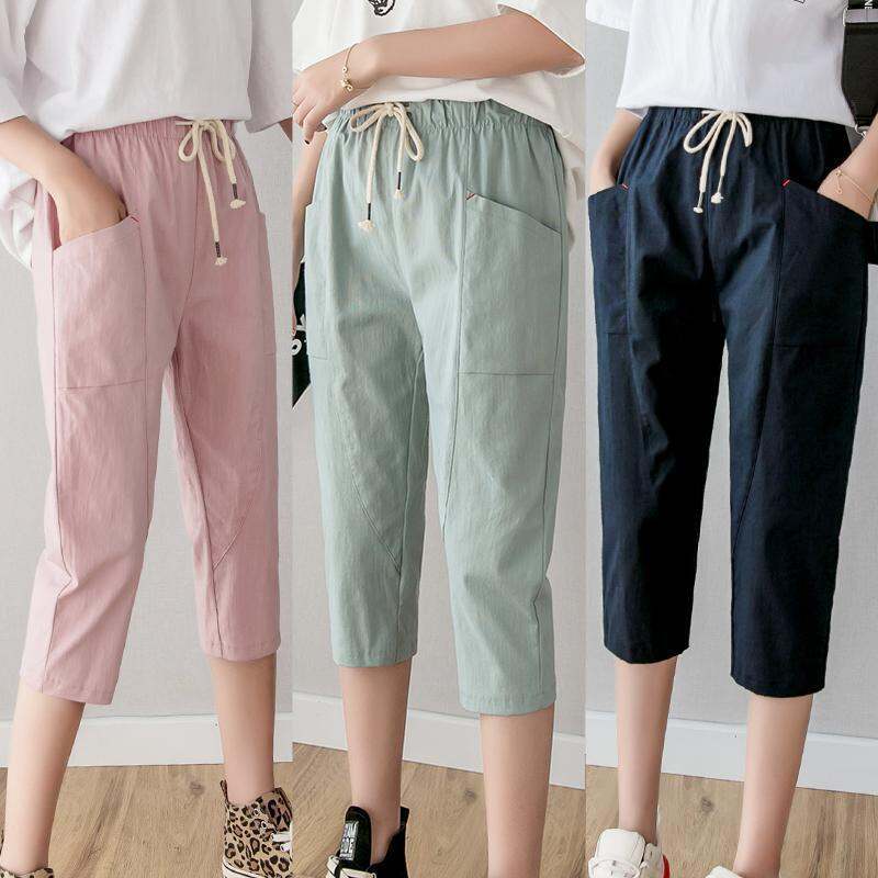 Summer Women's Cotton Linen Harem Pants Loose Student Capri Pants Casual Women's Pants Young Adult Solid Color Pocket Thin Baggy Pants