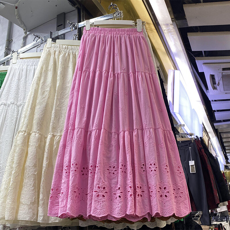 Gentle and All-Match Cut Out Embroidery Pleated Puffy A- line Skirt 2024 Spring and Summer New Arrival Covering Mid-Length Dress 338