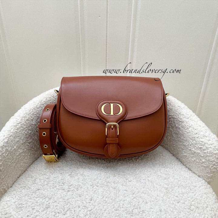 (Pre-loved) Dior Medium Bobby Flap Bag in Dark Cognac Brown Calfskin and AGHW