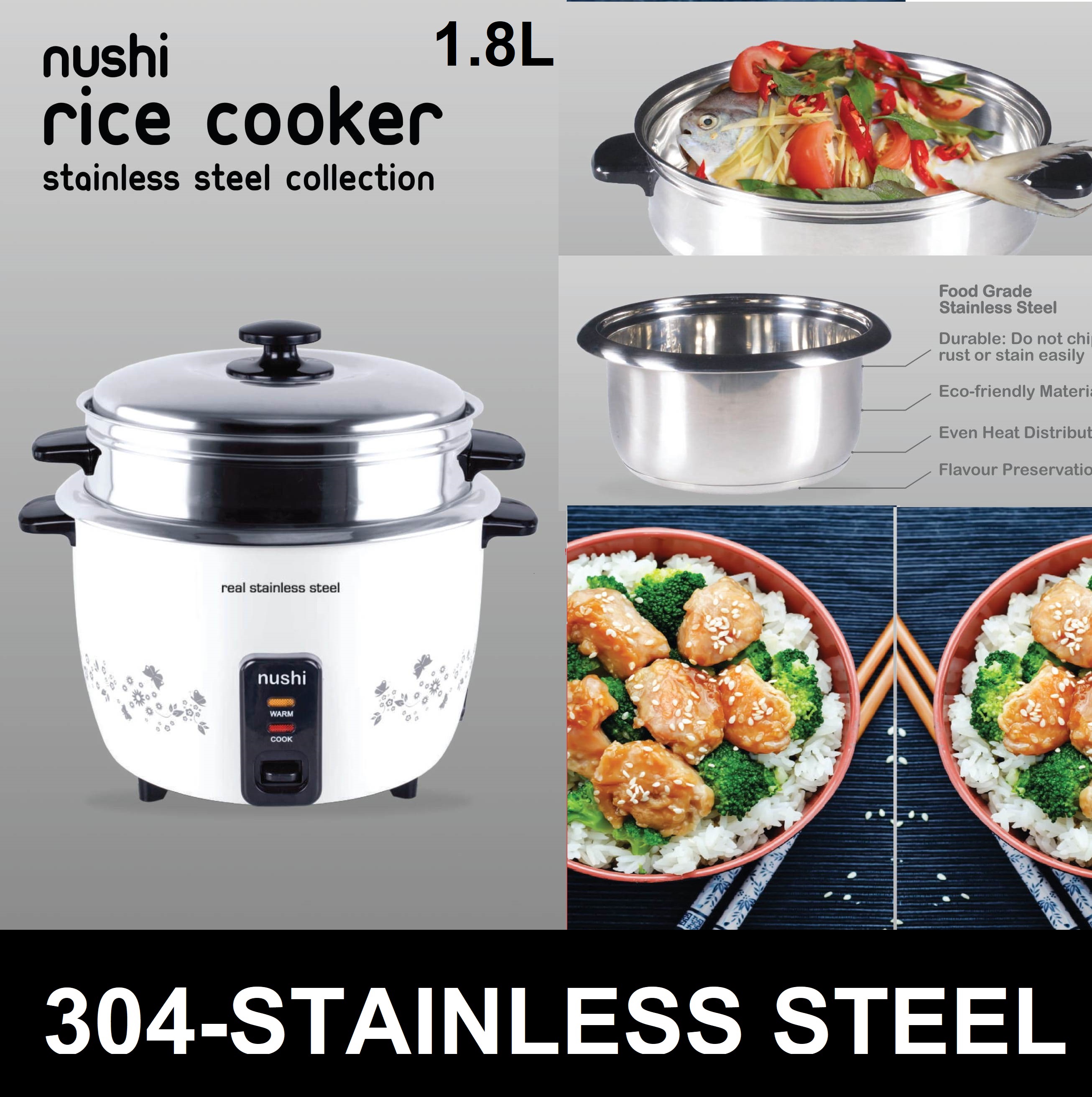 【HEALTHY CHOICE】NUSHI STAINLESS STEEL RICE COOKER WITH STEAMER 1.8 L / 2.2 L 【ONE YEAR WARRANTY】