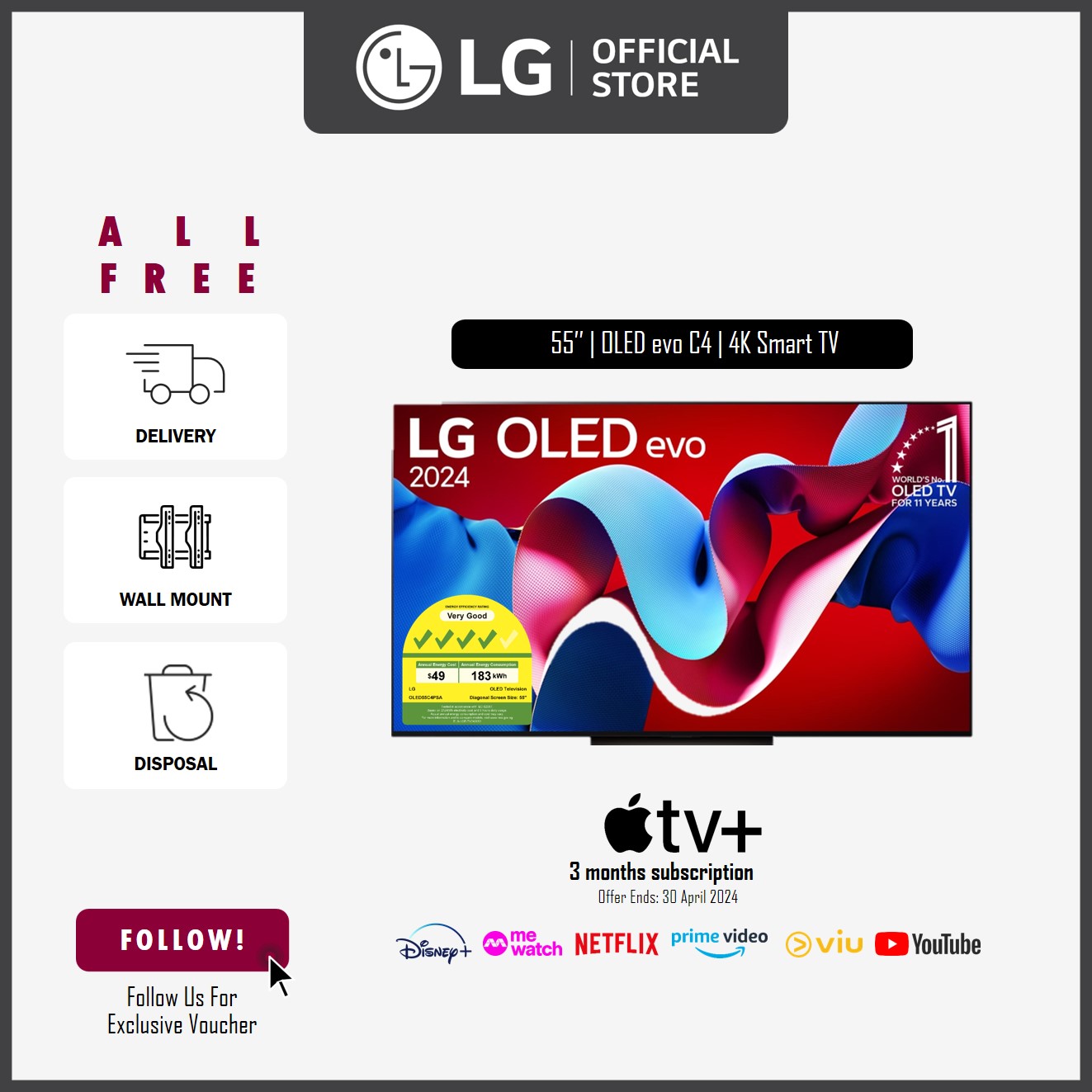 [NEW] LG OLED55C4PSA 55'' OLED evo C4 4K Smart TV + Free Wall Mount Installation worth up to $200 + Free Delivery