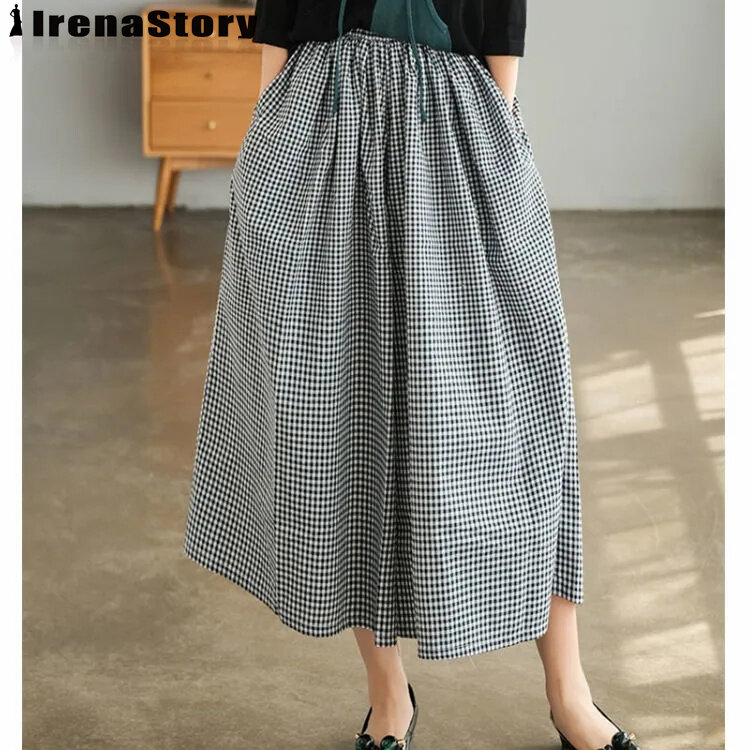 IRENASTORY Women's Culottes Fashion Casual Cotton Linen Plaid Wide Leg Pants Large Size Loose Comfortable Pants