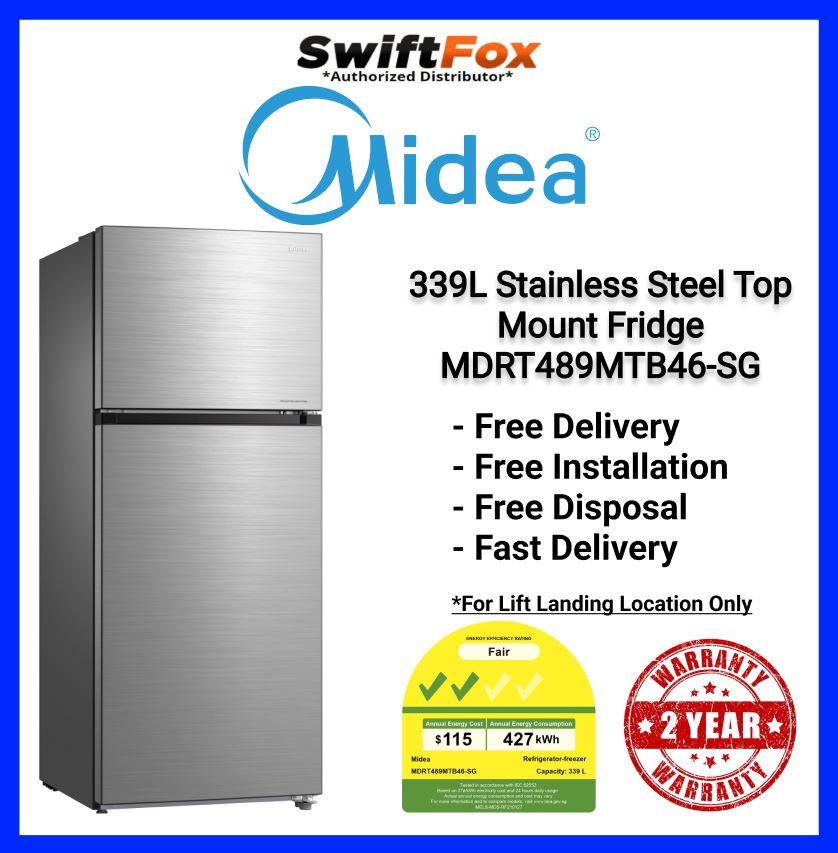 [Bulky] "Midea" 339L Grey-Silver Top Mounted Fridge, Energy Rating 2 Ticks - MDRT489MTB46-SG