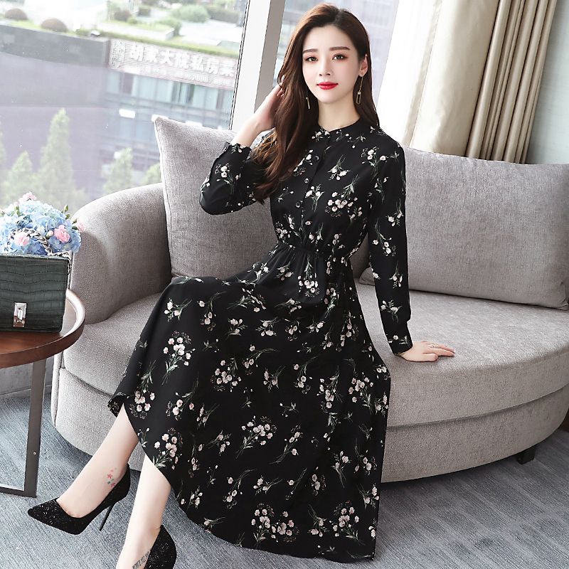 Can COD Vintage Floral New Style Tight Waist Korean Style Large Size Chiffon Dress Bottoming Long Sleeve Mid-Length Covering Belly Thin Dress High Quality