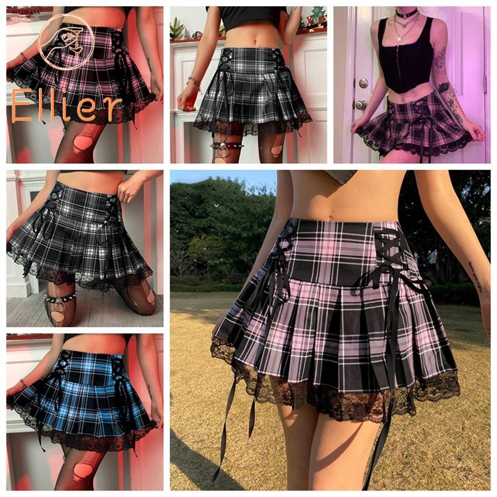 ELLIER Pink Stripe Y2K Woman Skirts High Waist Trim Pleated Plaid Lace Skirts Aesthetic A-line Lace Up Skirts School Academia