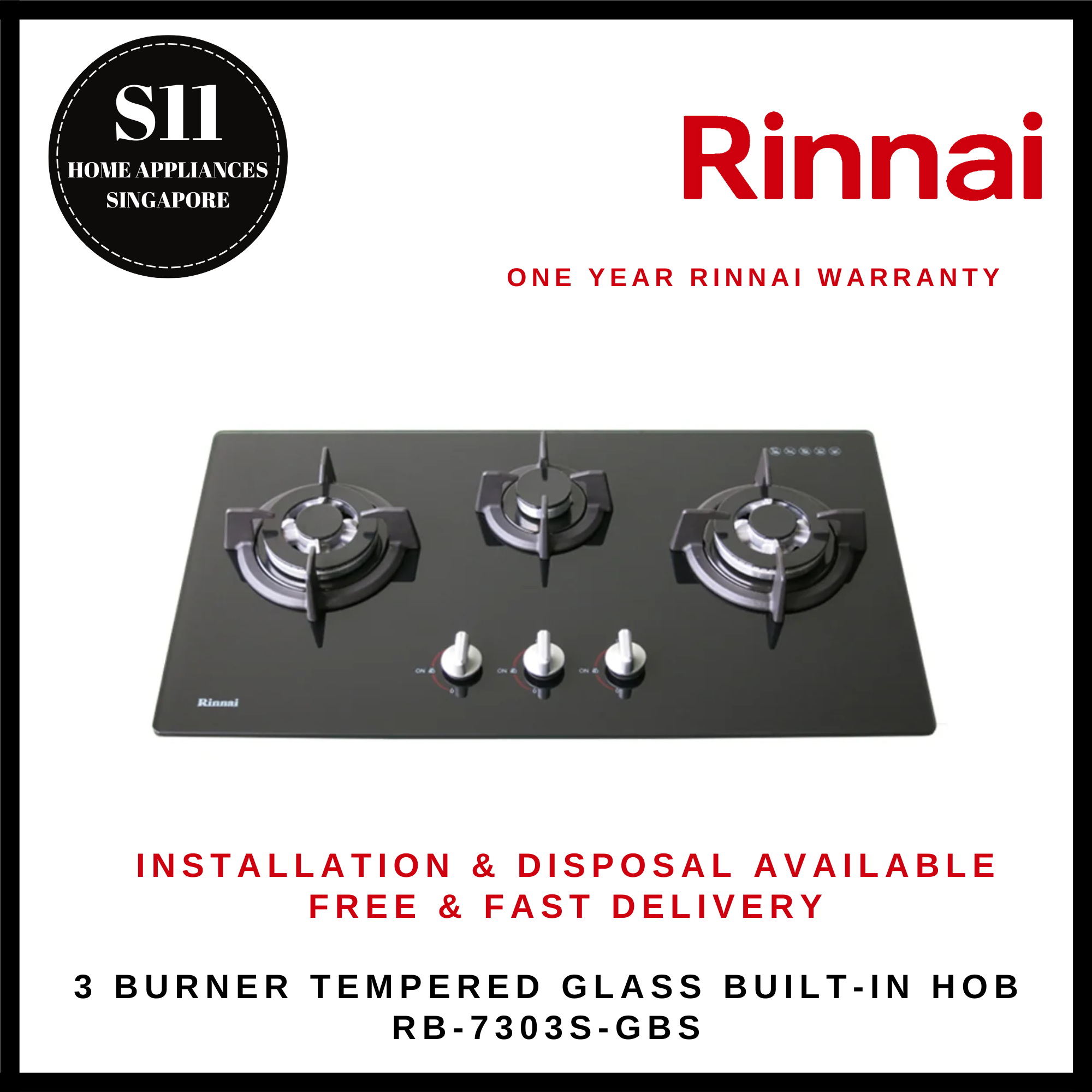 RINNAI RB-7303S-GBSM 3 BURNER TEMPERED GLASS BUILT-IN GAS HOB - READY STOCKS & DELIVER IN 3 DAYS