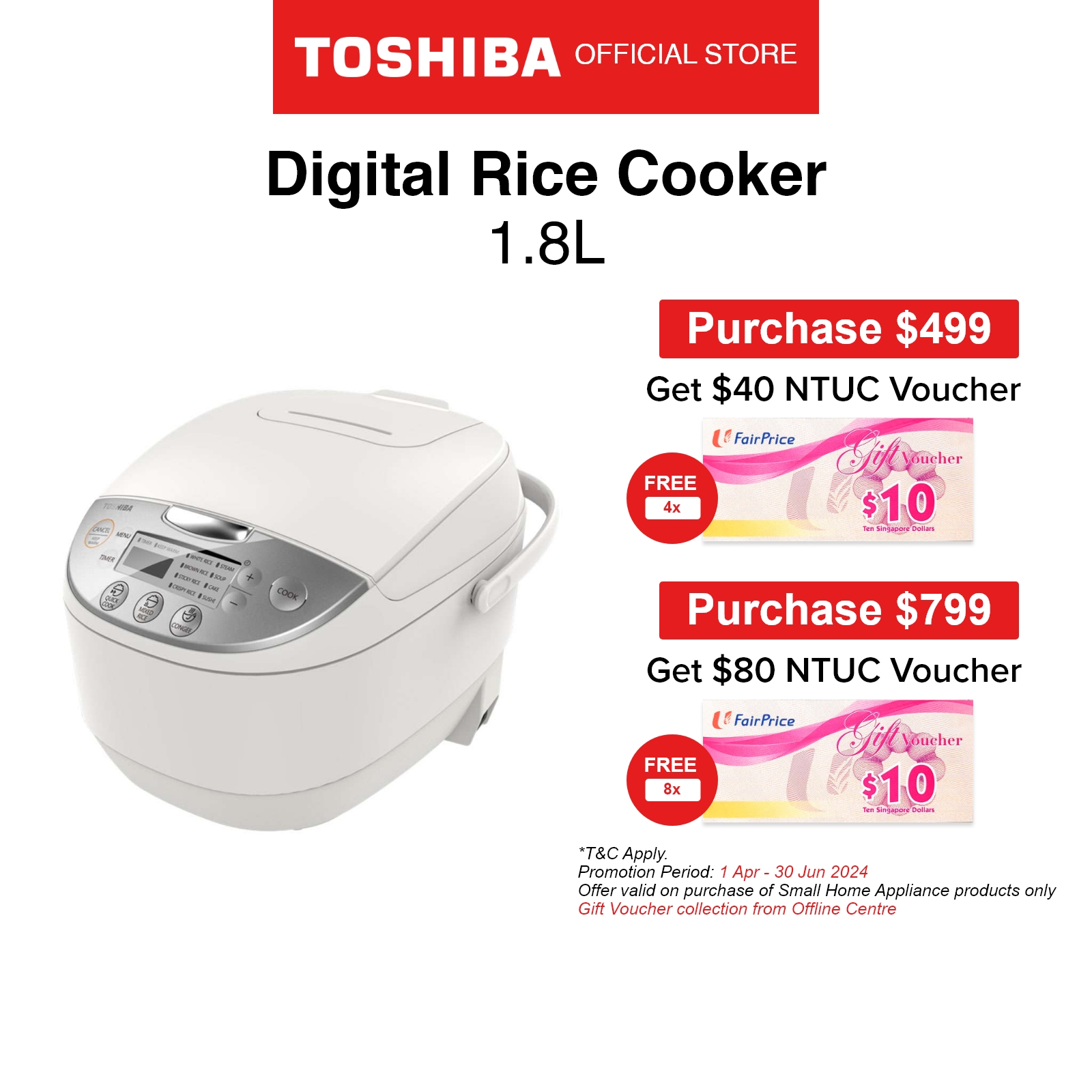 [FREE GIFT]Toshiba RC-18DR1NS White Unique T4.0 mm Copper Forged Pot Digital Rice Cooker, 1.8L