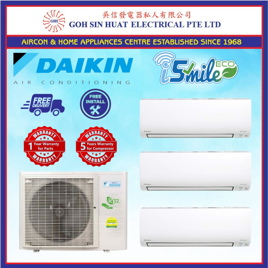 [Bulky] Daikin iSmile Eco 5 Ticks R32 Gas System 3 AirCon Air Conditioner Air Con MKM50VVMG/ CTKM25VVMG x 3