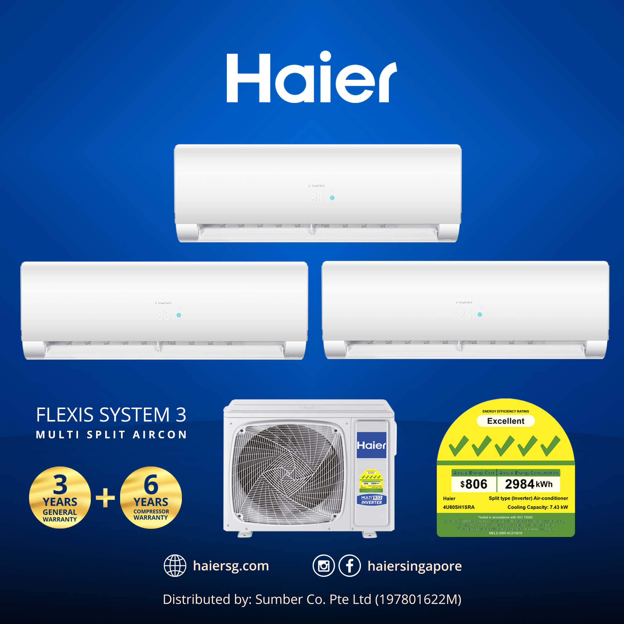 Haier Flexis 5 Ticks System 3 Multi Split Aircon AS25 x 3 / 4U65 (R32 New Gas)